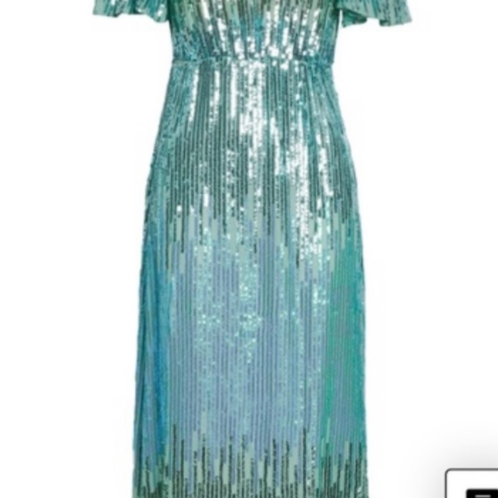 Rixo Sequin Ombré Aqua Turquoise Green Flutter Sleeve Midi Dress Gown - Picture 3 of 10